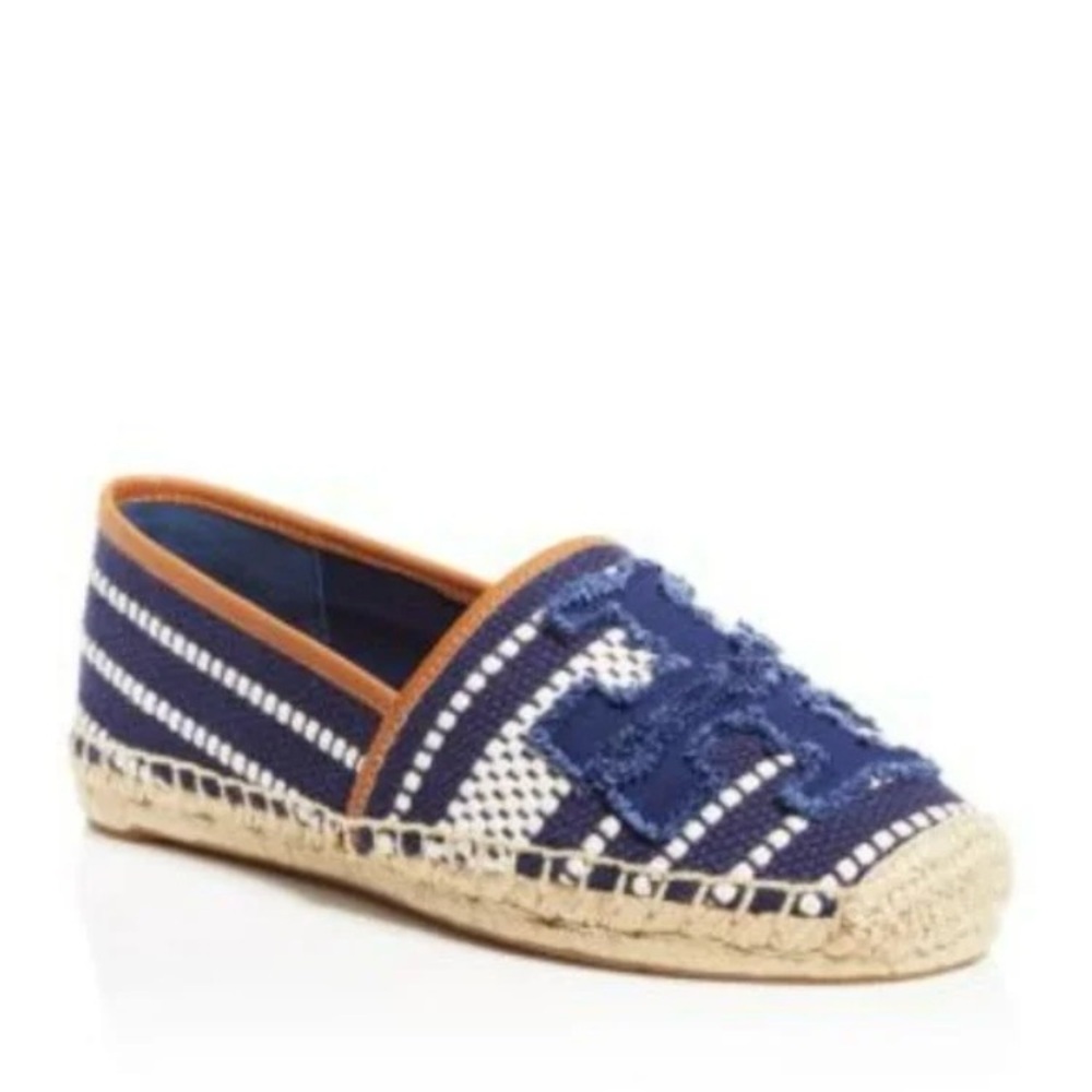Authentic Tory Burch Shaw Espadrille Raffia Shoes Flats Navy Tan Size 8
